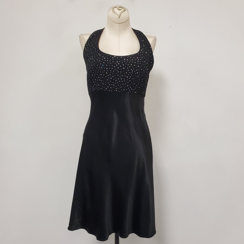 Vintage Y2K Beaded Halter Neck Lace Up Back Hoco Dress Size 9-10 Black 90s